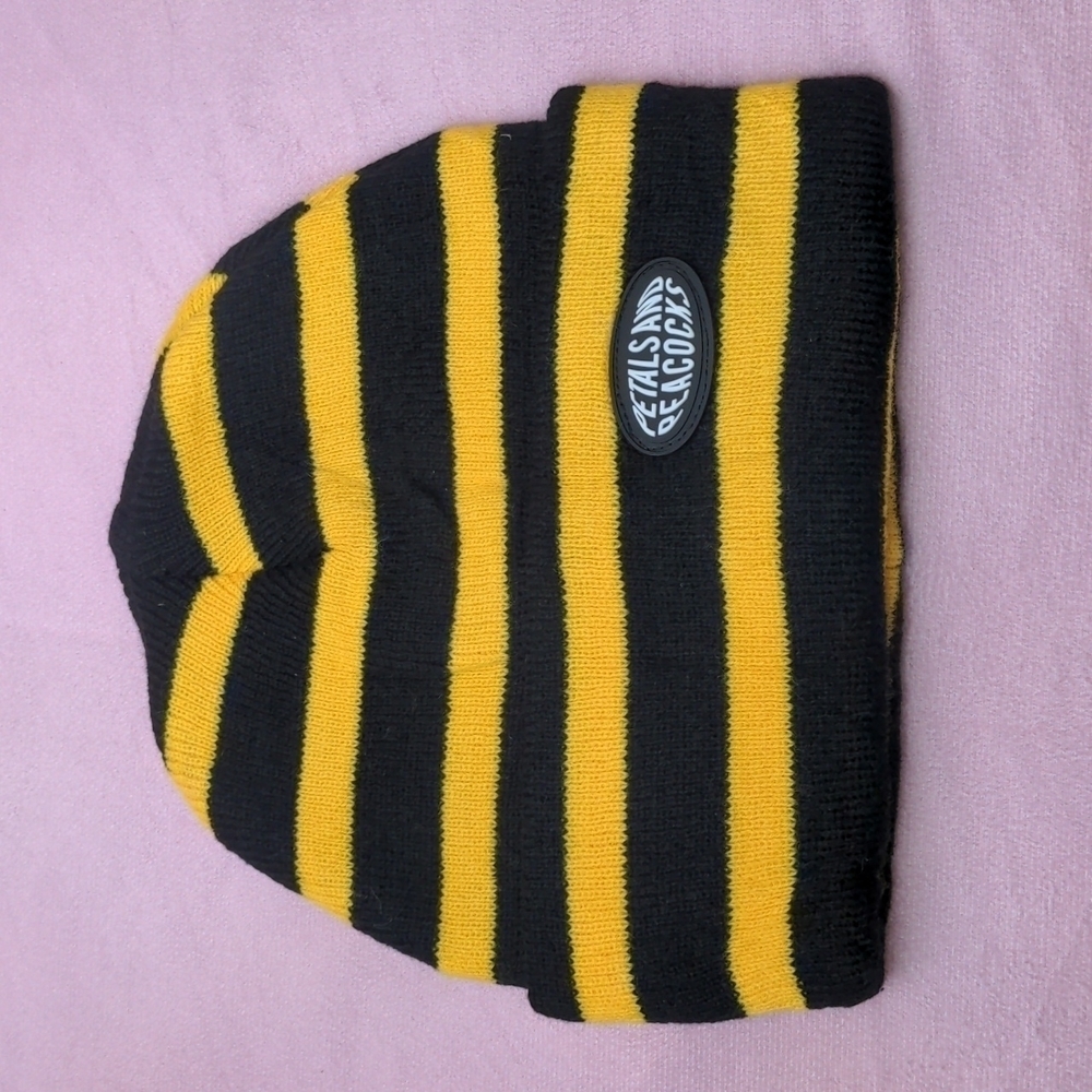 Petals and Peacocks Yellow and Black Bumblebee Stripe Knit Beanie Hat One Size